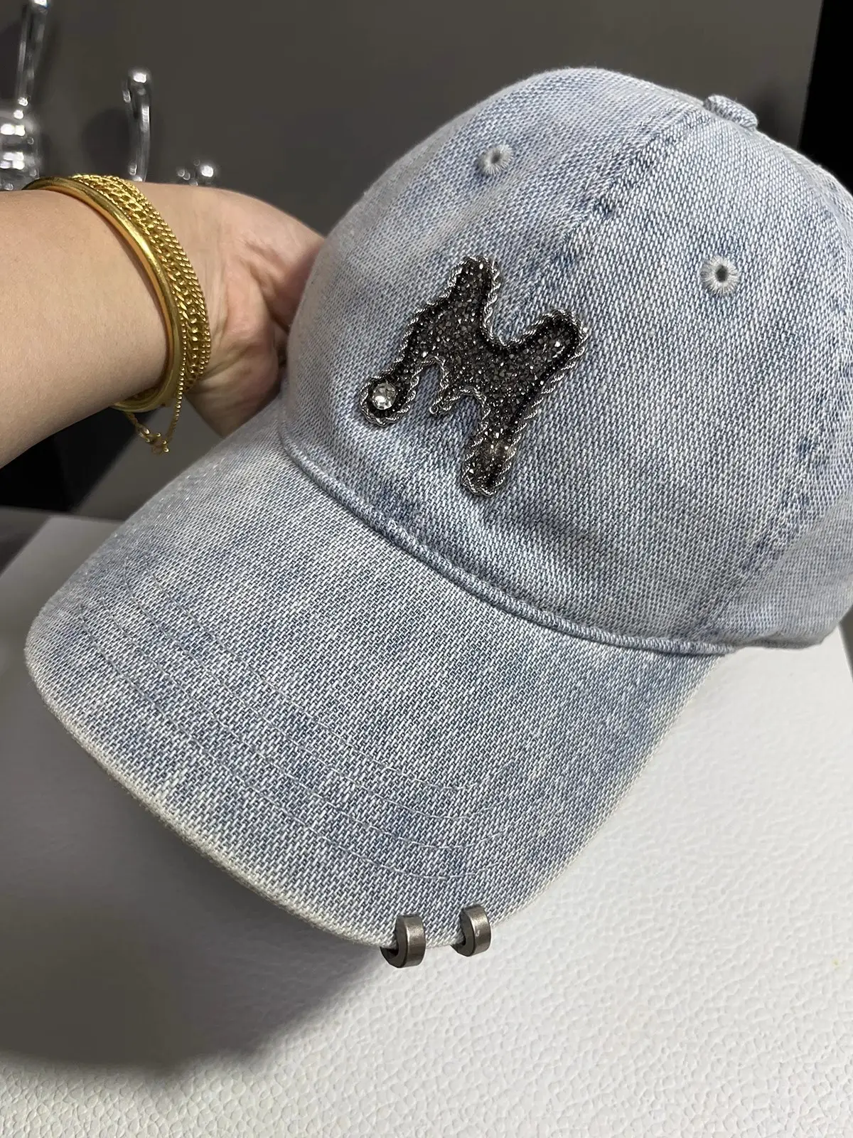Women Denim Baseball Cap with Rhinestone Embroidery — feature 10