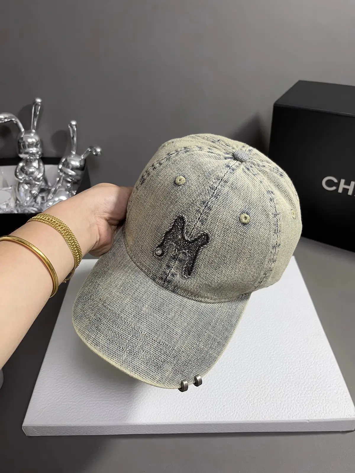 Women Denim Baseball Cap with Rhinestone Embroidery — feature 4