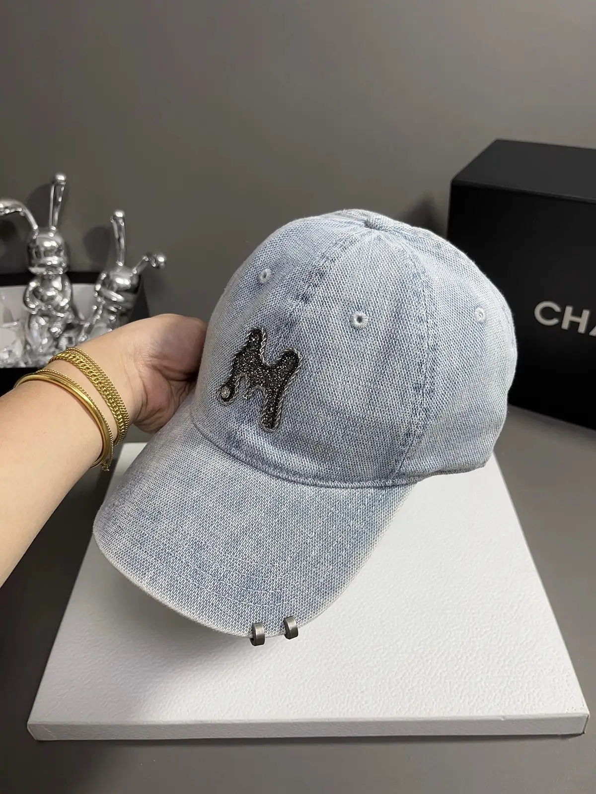 Women Denim Baseball Cap with Rhinestone Embroidery — feature 5