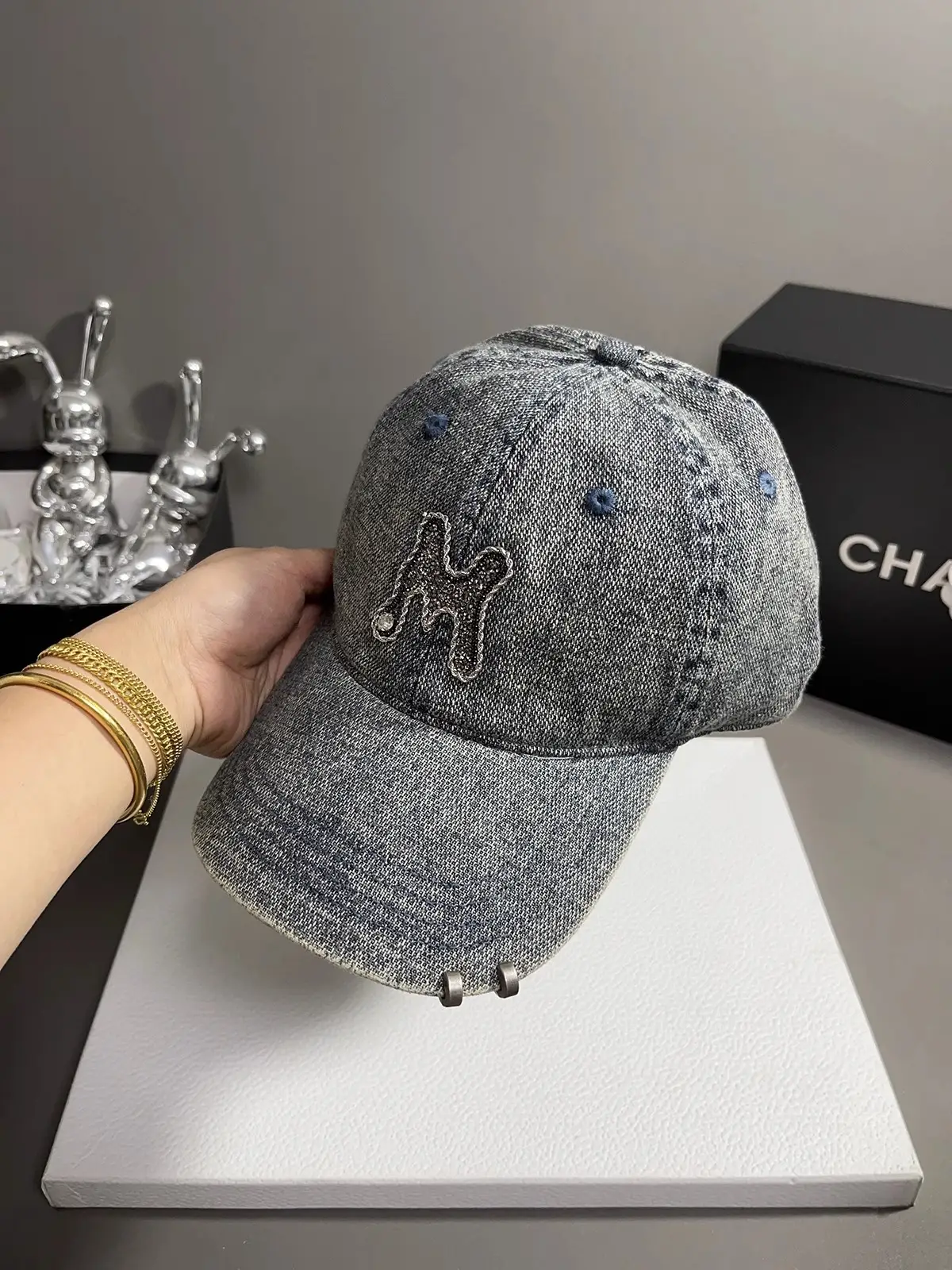 Women Denim Baseball Cap with Rhinestone Embroidery — feature 6