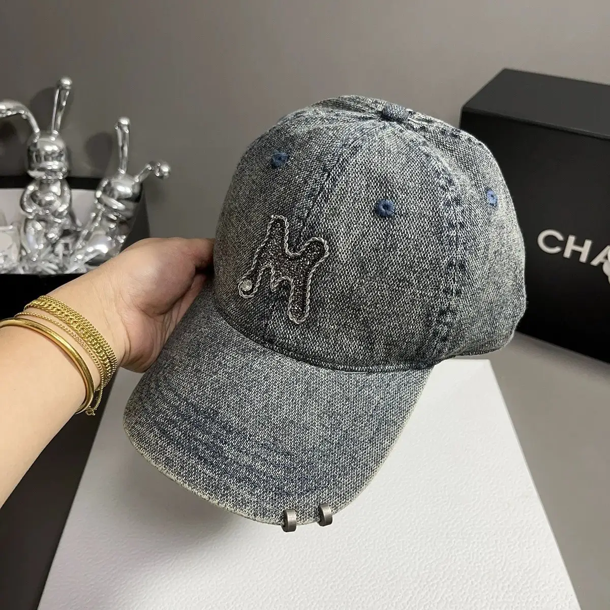 Women Denim Baseball Cap with Rhinestone Embroidery - Image 2