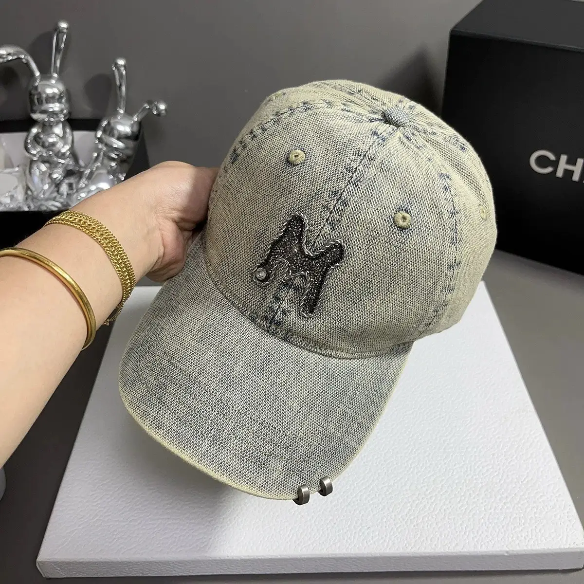 Women Denim Baseball Cap with Rhinestone Embroidery - Image 3