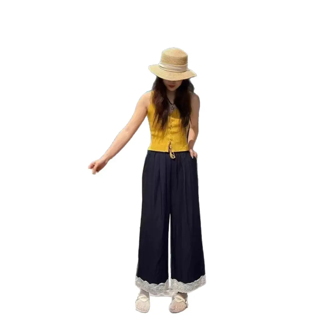Dark Blue Lace Pants for Women Summer Casual Wide Leg