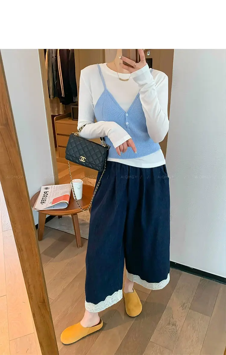 Dark Blue Lace Pants for Women Summer Casual Wide Leg — feature 4