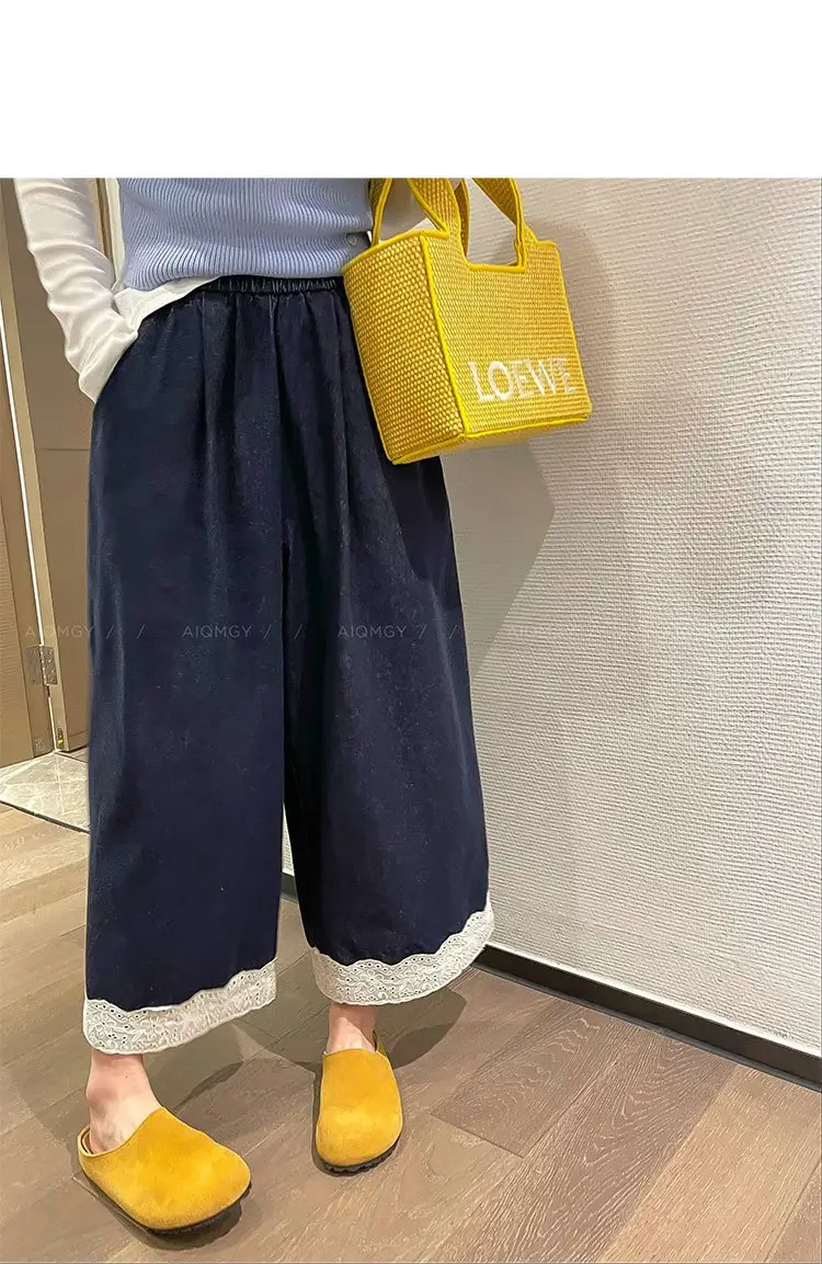 Dark Blue Lace Pants for Women Summer Casual Wide Leg — feature 5