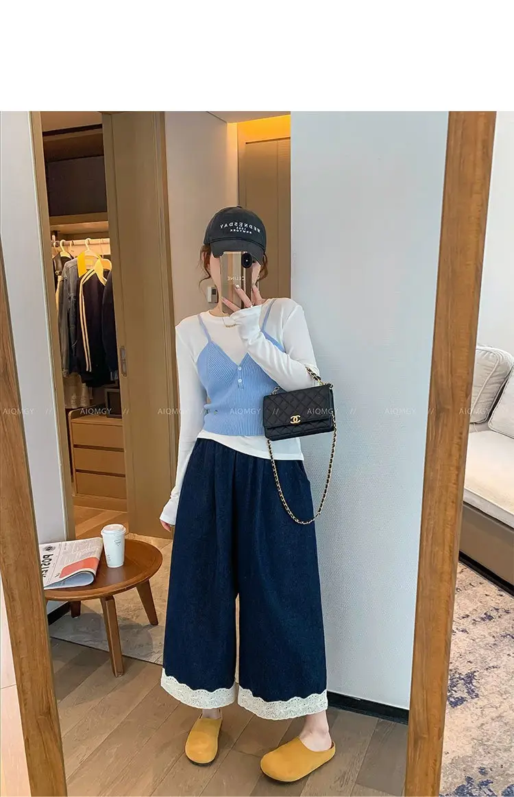 Dark Blue Lace Pants for Women Summer Casual Wide Leg — feature 7