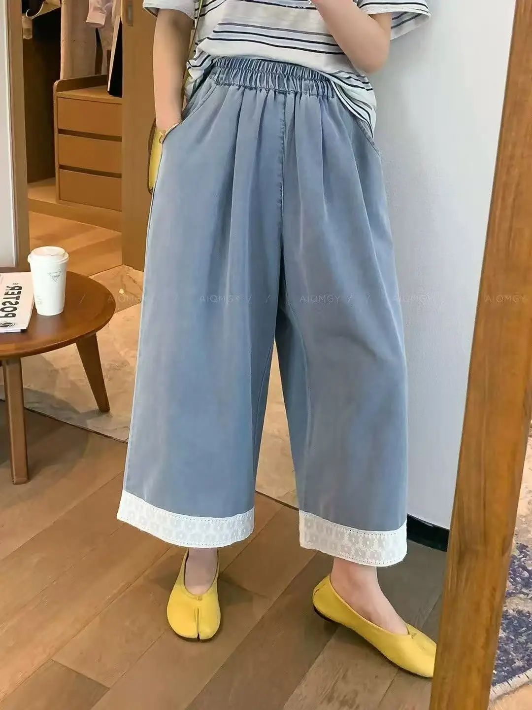Dark Blue Lace Pants for Women Summer Casual Wide Leg