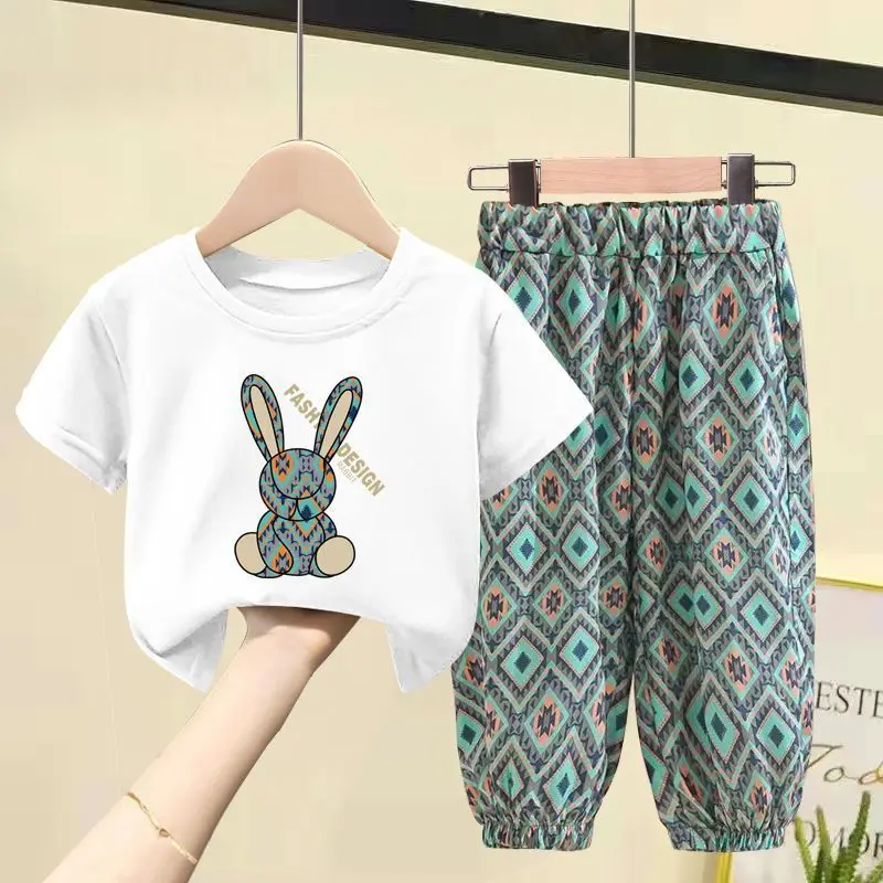 2025 Green Bunny Print Cotton T-Shirt & Pants Set - Image 3