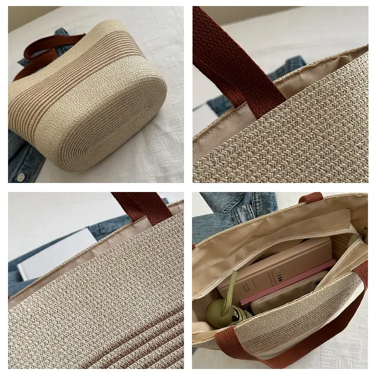 Striped Straw Bag Large Capacity Casual Beach Shoulder Bag — feature 7