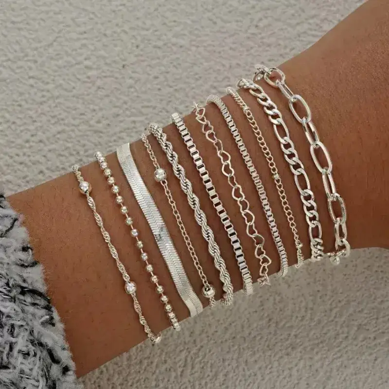 Multi Layer Silver Bracelet Set for Women - Image 9