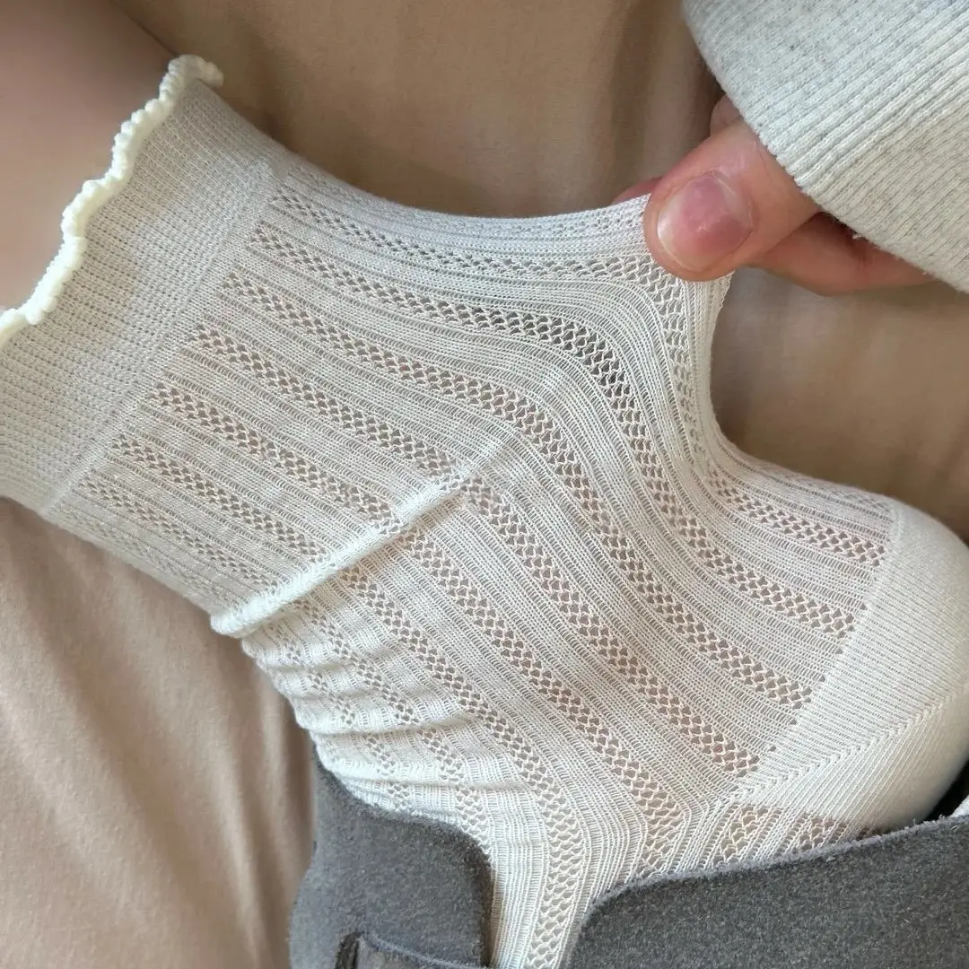 Thin Breathable Women's Socks for Spring, Autumn, and Summer, Ballet Style, Solid Color, Ruffled Edge, Hollow Mesh, Mid-Calf Socks