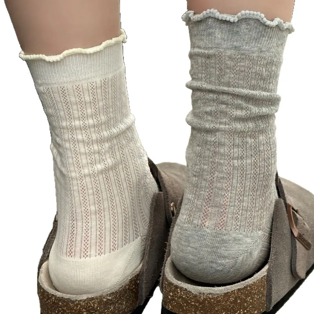Thin Breathable Women's Socks for Spring, Autumn, and Summer, Ballet Style, Solid Color, Ruffled Edge, Hollow Mesh, Mid-Calf Socks
