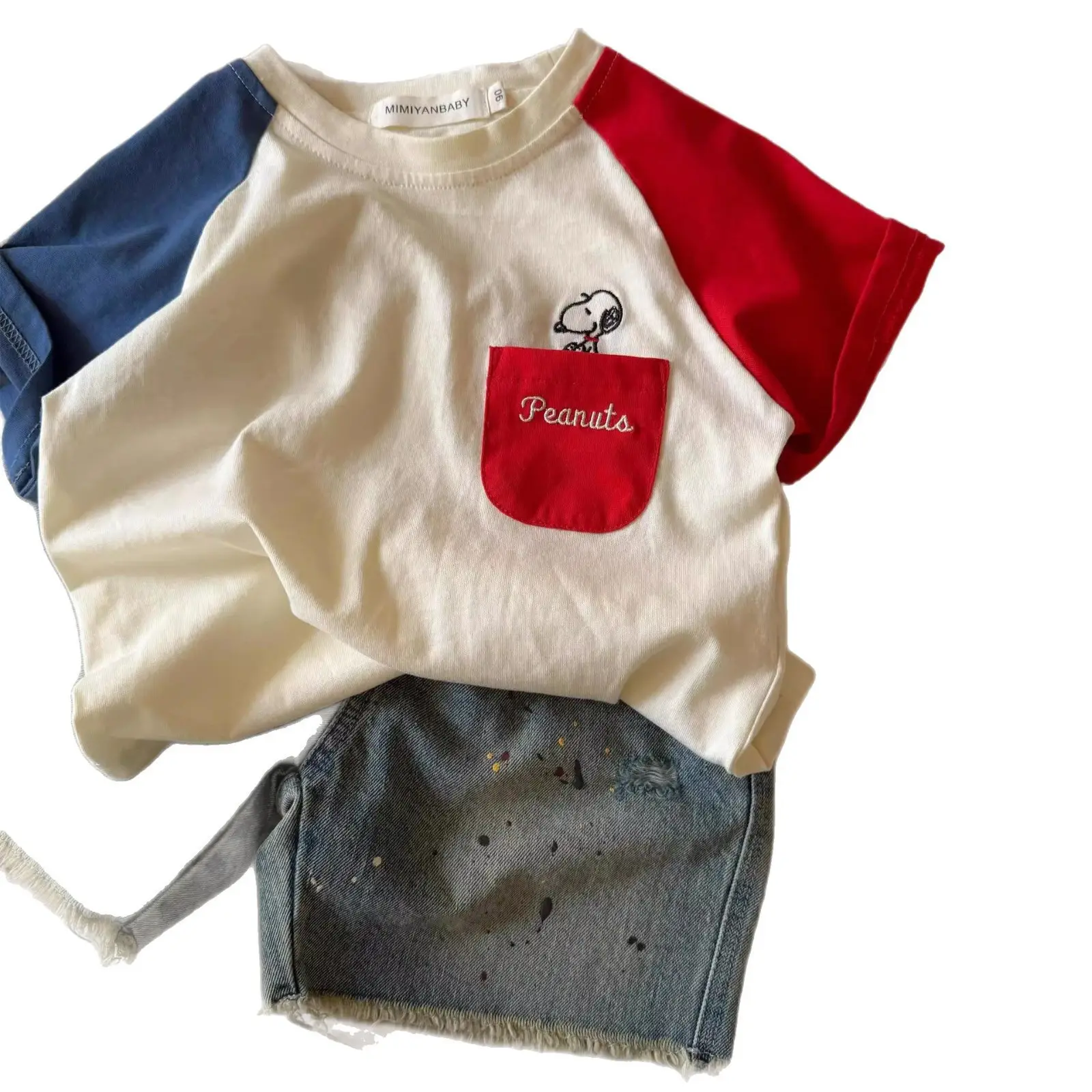Kids Cotton Short Sleeve T-Shirt Cream Red Sleeve Design