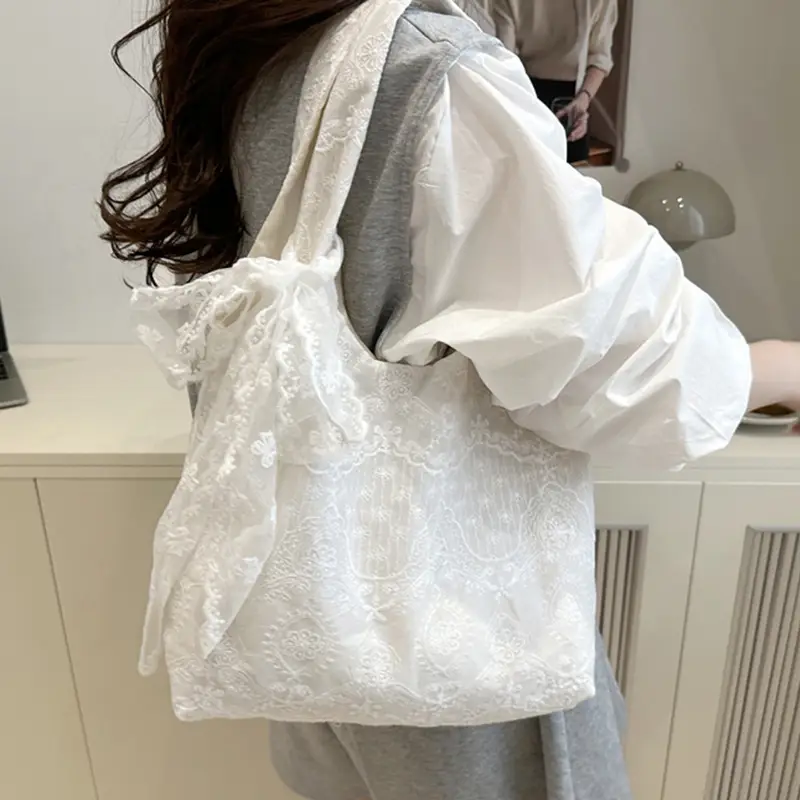 White Lace Flower Canvas Shoulder Bag for Women - Image 3