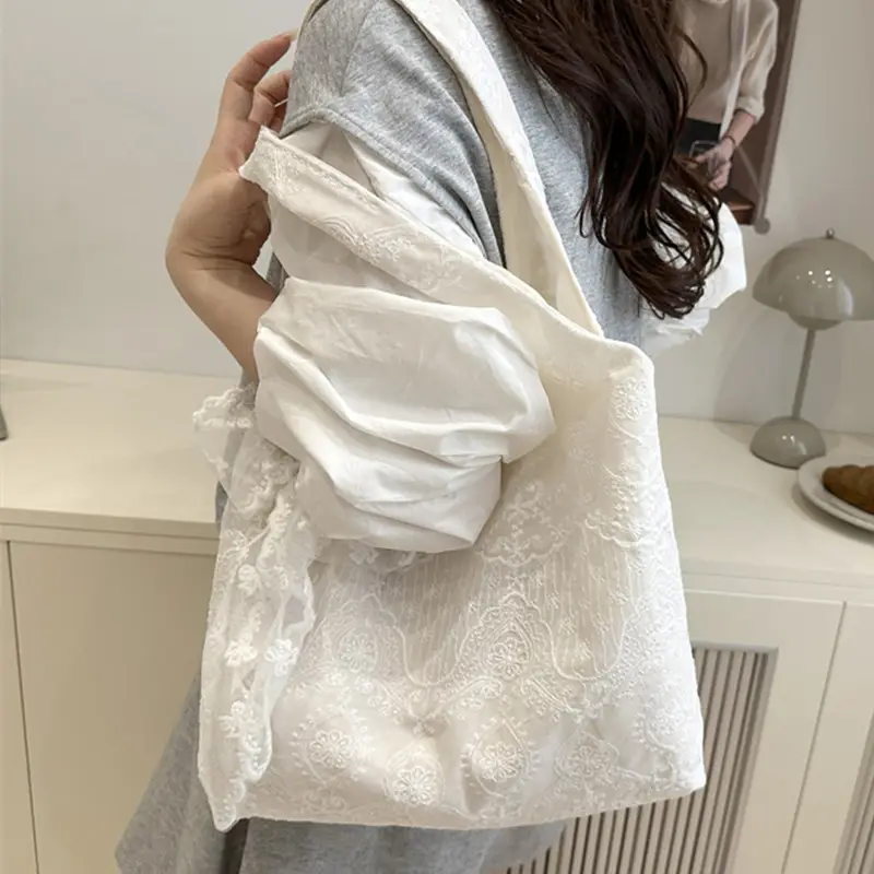 White Lace Flower Canvas Shoulder Bag for Women - Image 4
