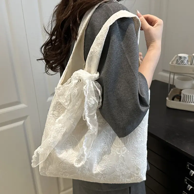 White Lace Flower Canvas Shoulder Bag for Women - Image 5