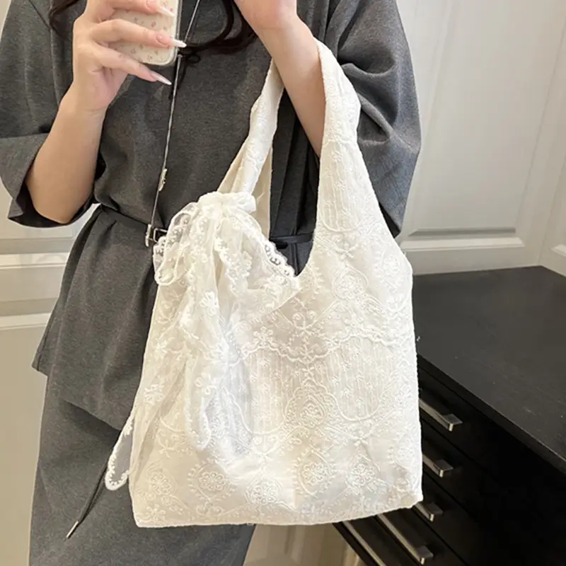 White Lace Flower Canvas Shoulder Bag for Women - Image 6