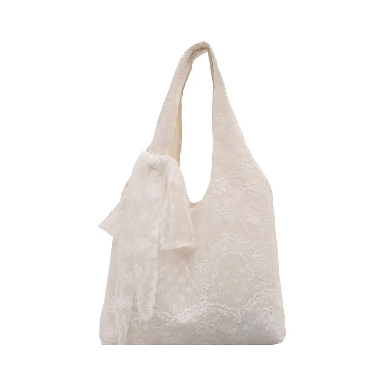 White Lace Flower Canvas Shoulder Bag for Women - Image 7
