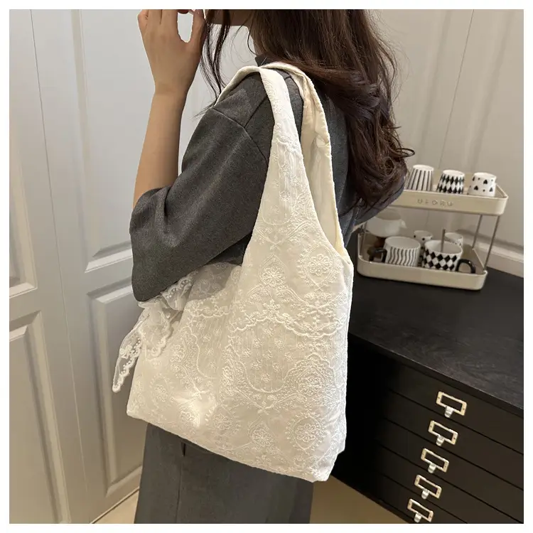 White Lace Flower Canvas Shoulder Bag for Women — feature 14