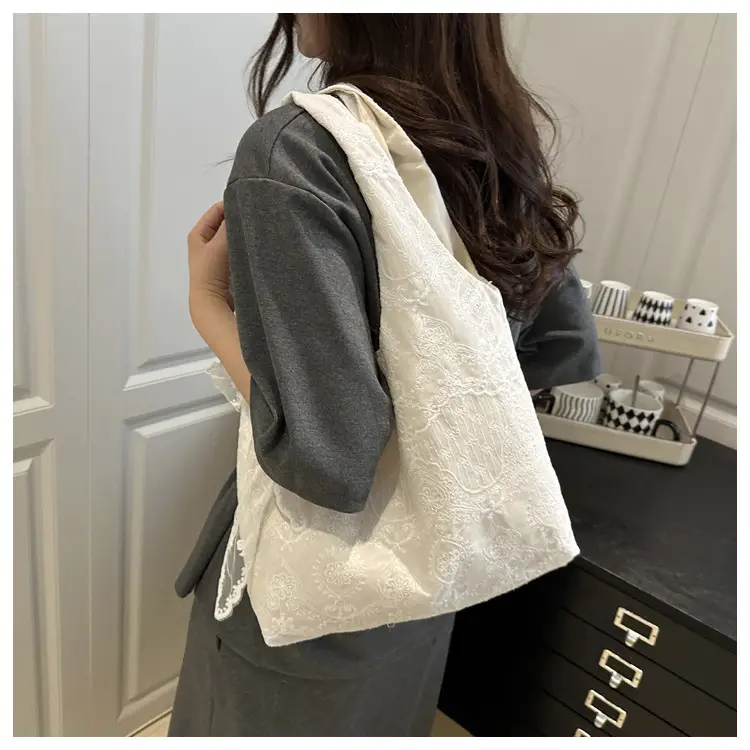 White Lace Flower Canvas Shoulder Bag for Women — feature 15