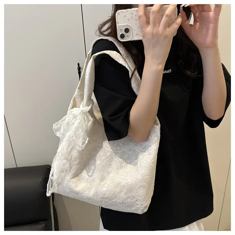 White Lace Flower Canvas Shoulder Bag for Women — feature 21