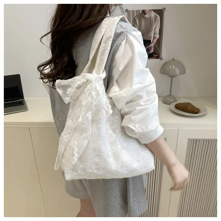 White Lace Flower Canvas Shoulder Bag for Women — feature 22