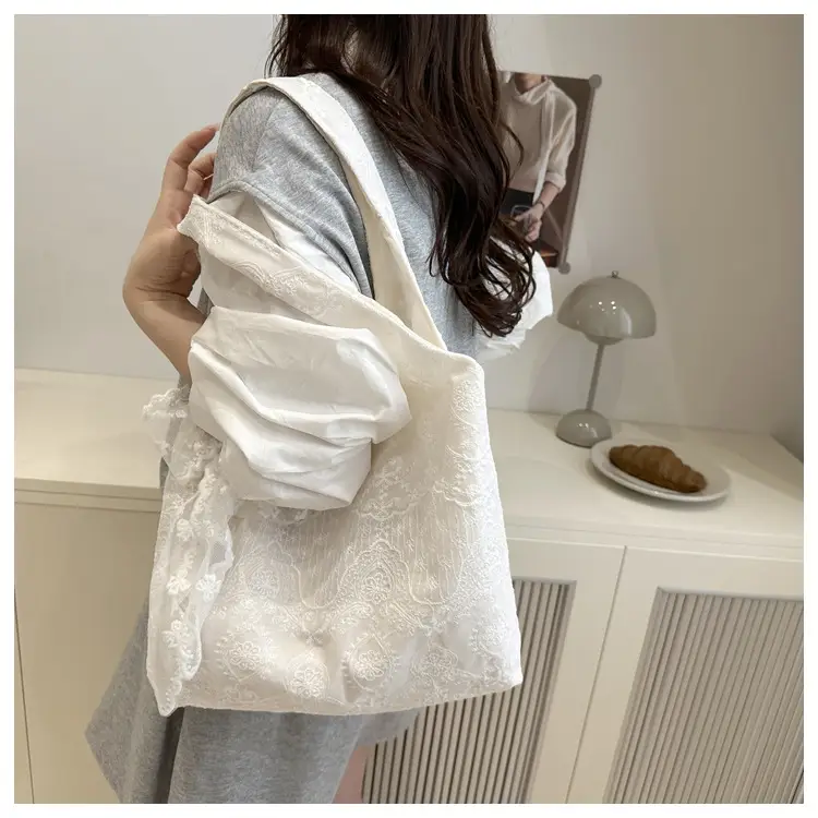 White Lace Flower Canvas Shoulder Bag for Women — feature 25