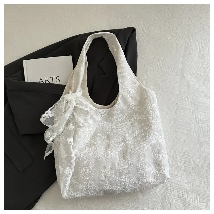 White Lace Flower Canvas Shoulder Bag for Women — feature 7