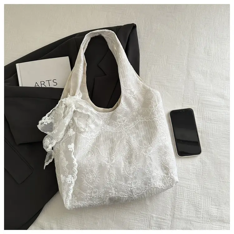 White Lace Flower Canvas Shoulder Bag for Women — feature 8