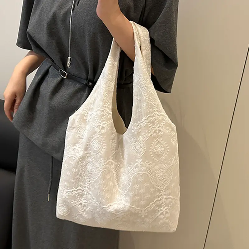 White Lace Flower Canvas Shoulder Bag for Women - Image 2
