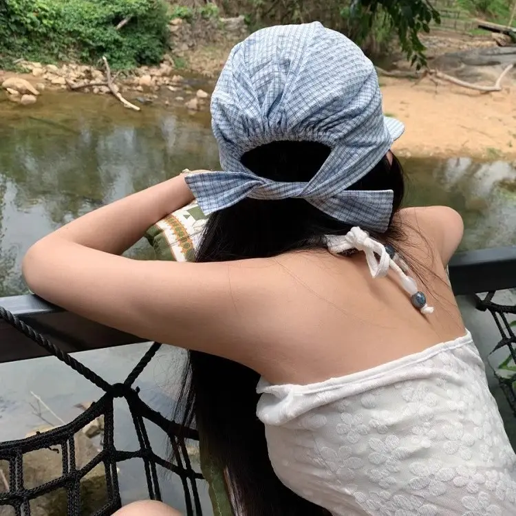 Vintage Blue Plaid Duck Tongue Hat for Women Spring Summer - Image 7