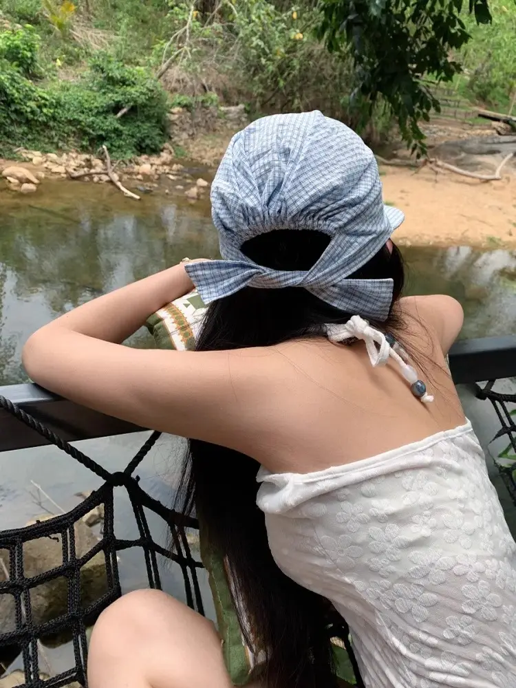 Vintage Blue Plaid Duck Tongue Hat for Women Spring Summer — feature 8