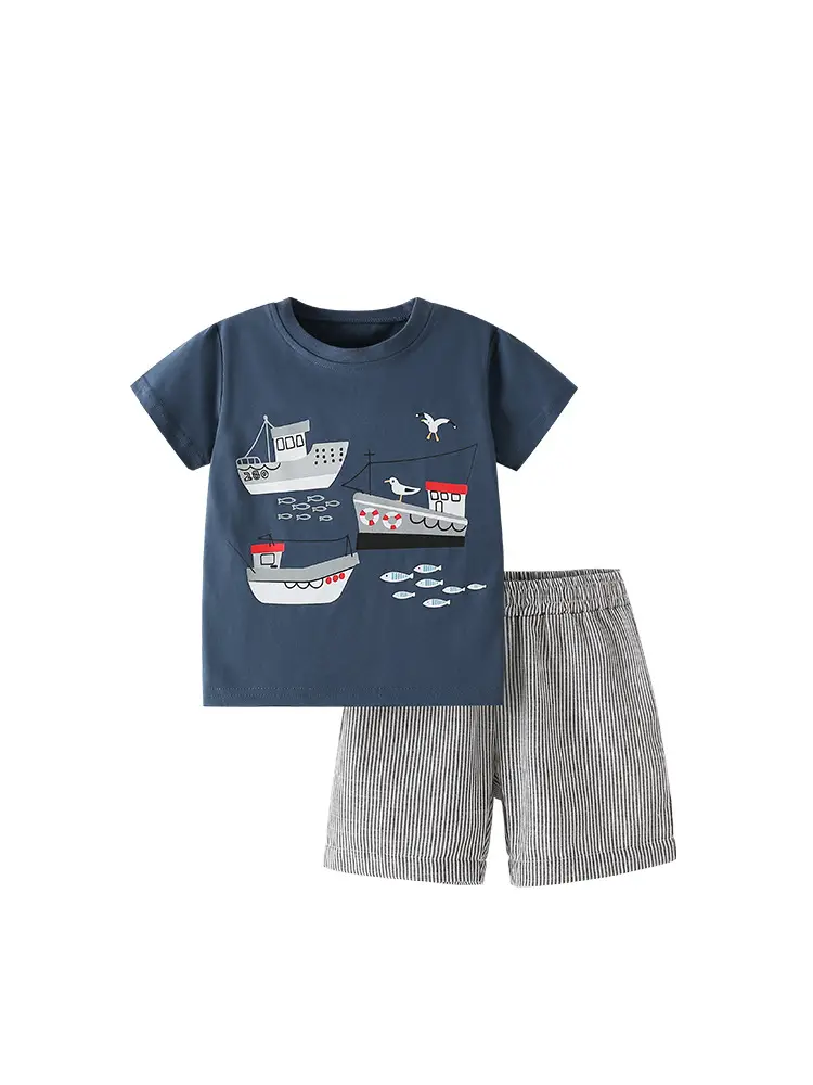 Cross-border boys T-shirt Shorts Set Navy Gray Summer Casual