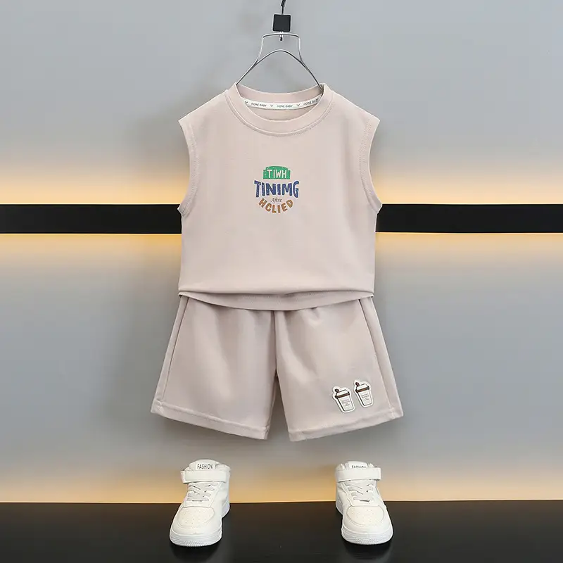 Boys Sleeveless Vest Suit 2025 Beige Shorts Set - Image 4
