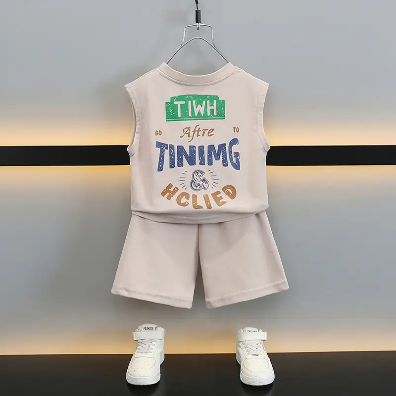 Boys Sleeveless Vest Suit 2025 Beige Shorts Set - Image 5