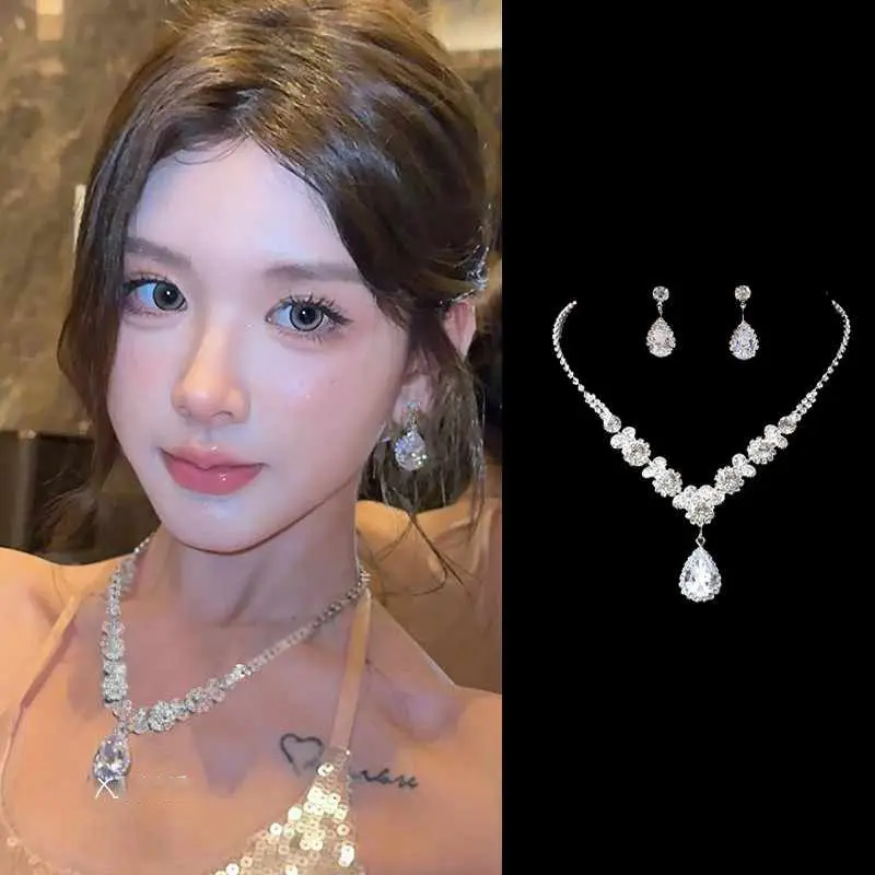 Super Flash Bridal Necklace Earrings Set Silver Rhinestone Luxury Wedding Jewelry - Image 3