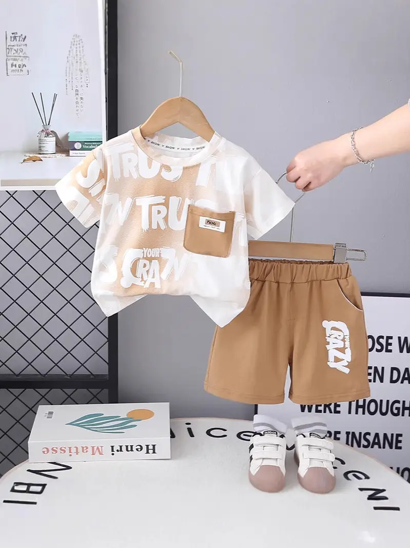 Kids Printed Letter T-Shirt Set White Grey Summer Wear - Image 5