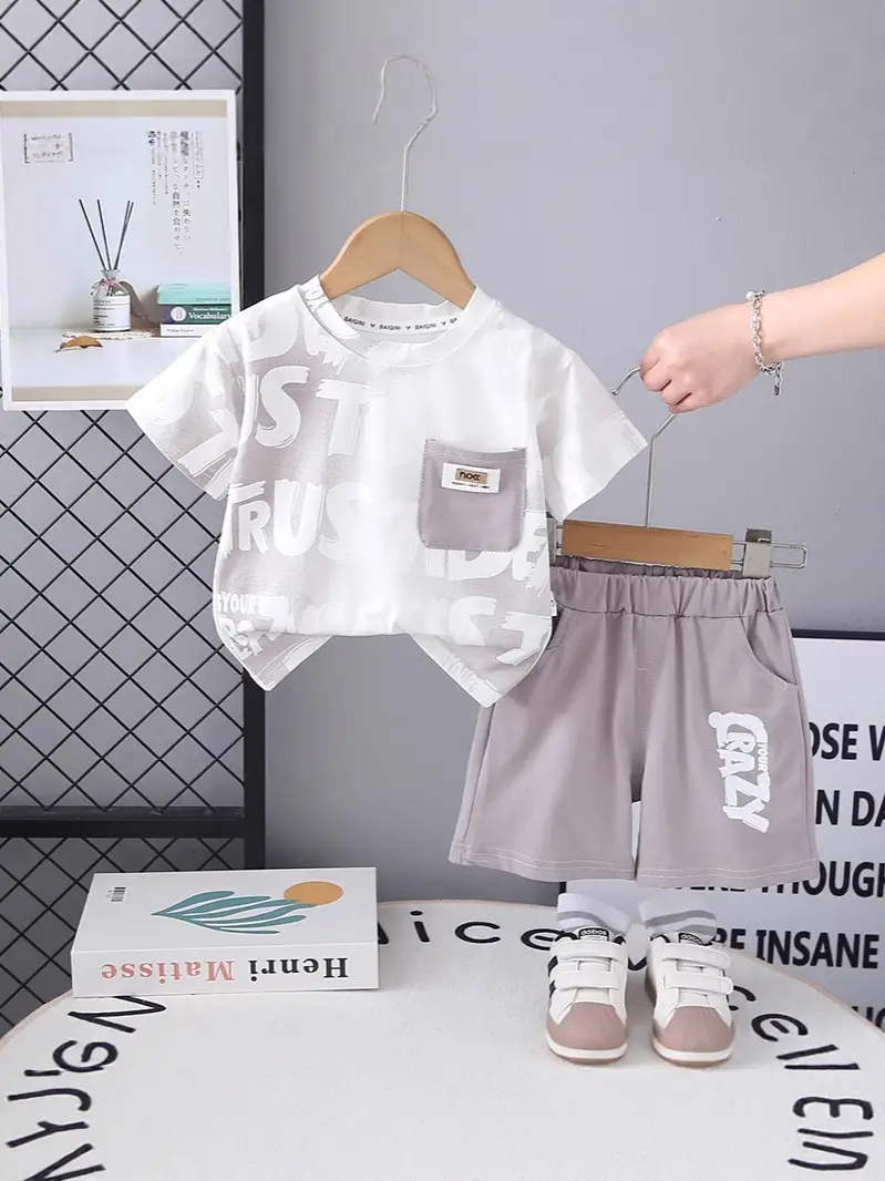 Kids Printed Letter T-Shirt Set White Grey Summer Wear - Image 6