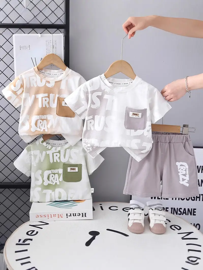 Kids Printed Letter T-Shirt Set White Grey Summer Wear - Image 7