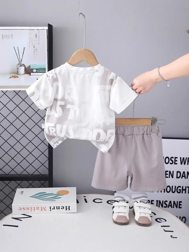 Kids Printed Letter T-Shirt Set White Grey Summer Wear - Image 8