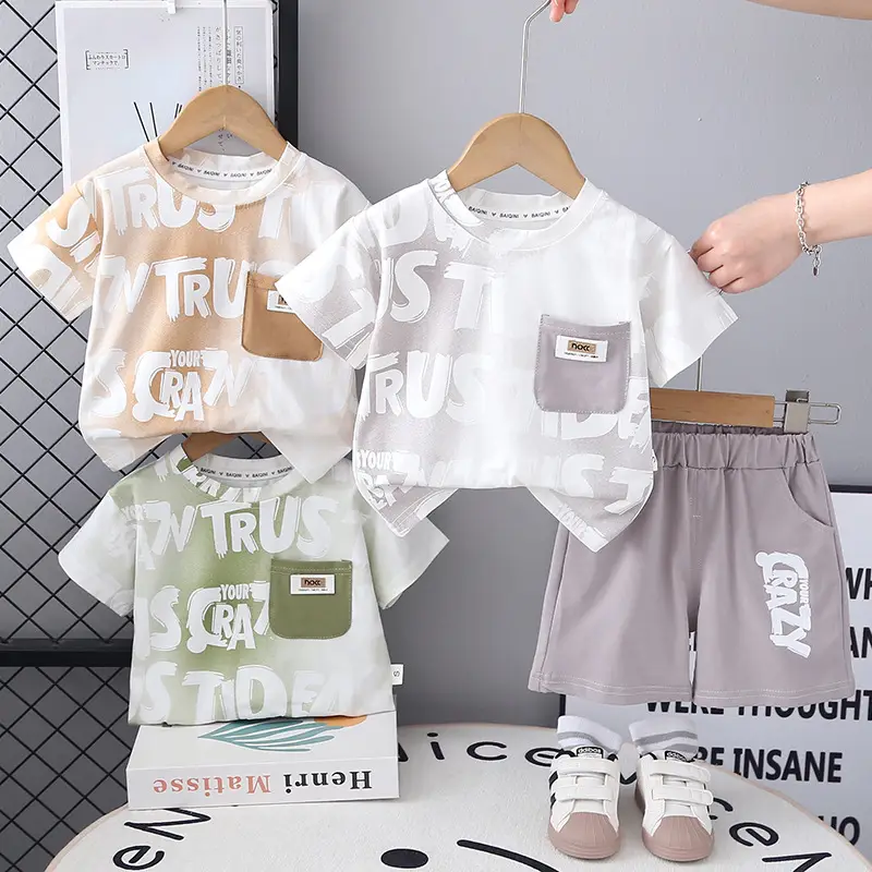 Kids Printed Letter T-Shirt Set White Grey Summer Wear — feature 1