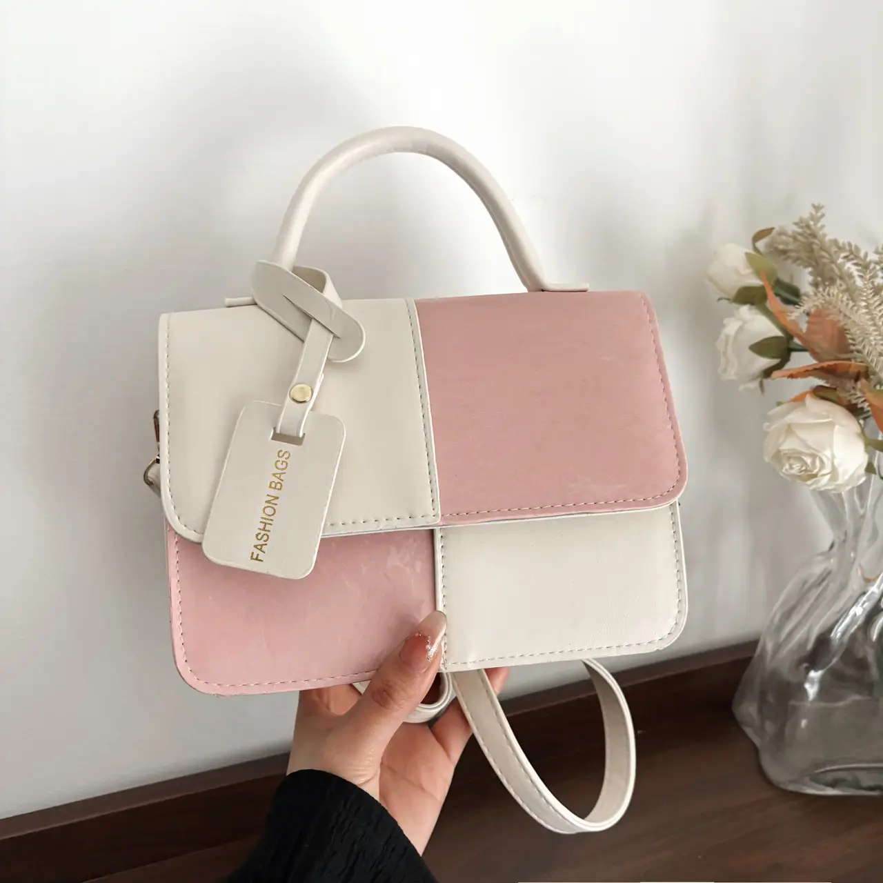 Women's Pink White Square Shoulder Crossbody Bag - Image 6