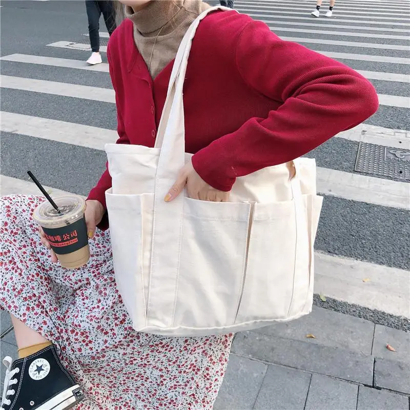 Canvas Large Capacity Shoulder Tote Bag Multi-Pocket - Image 3