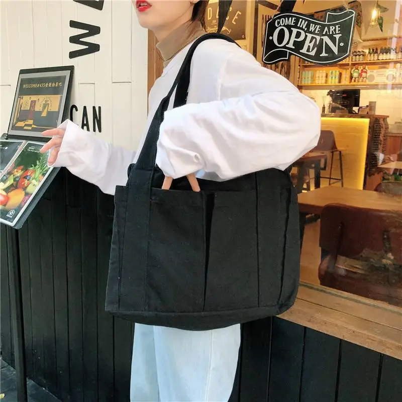 Canvas Large Capacity Shoulder Tote Bag Multi-Pocket - Image 4