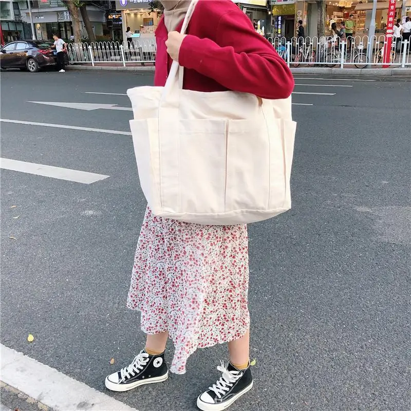 Canvas Large Capacity Shoulder Tote Bag Multi-Pocket - Image 5
