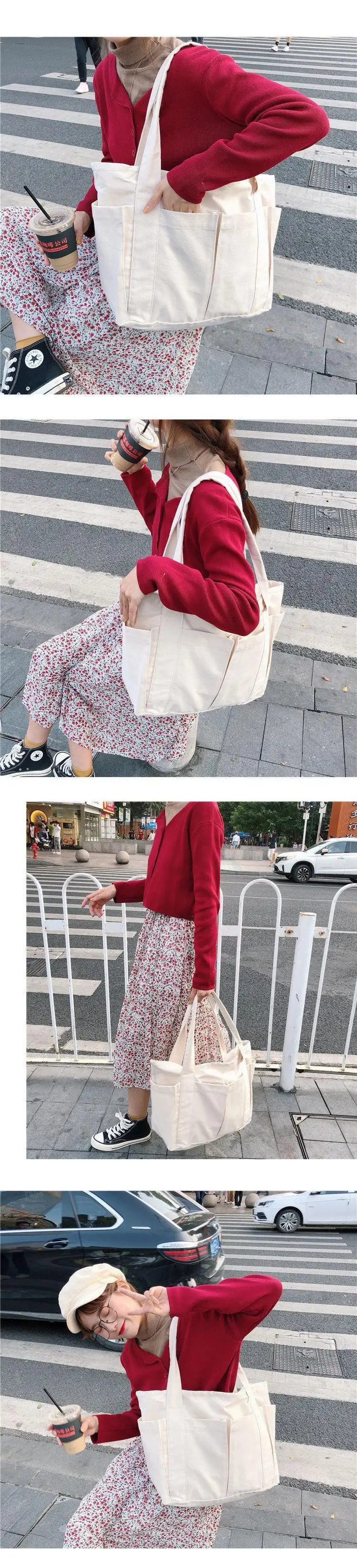 Canvas Large Capacity Shoulder Tote Bag Multi-Pocket — feature 2