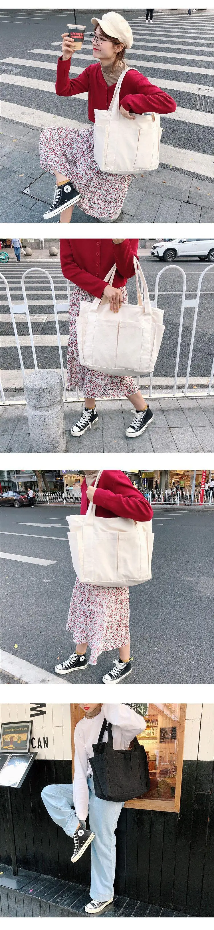 Canvas Large Capacity Shoulder Tote Bag Multi-Pocket — feature 3