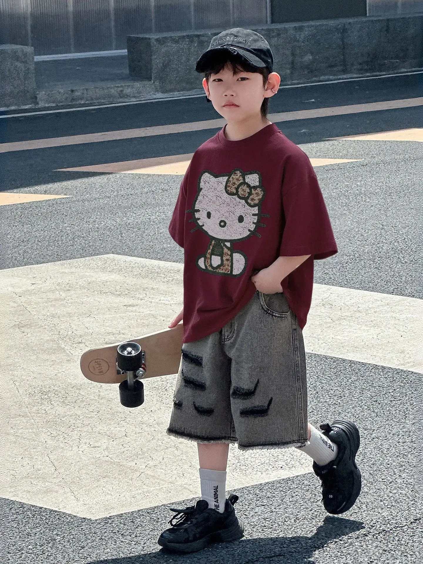 Hello Kitty Boys T-Shirt Maroon 2025 Cotton Loose Fit