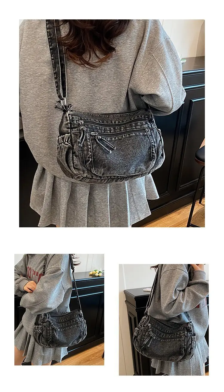 Vintage Denim Shoulder Bag for Women Large Capacity Commuting — feature 11