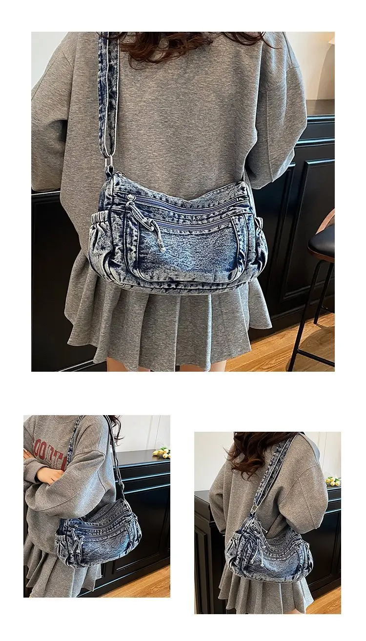 Vintage Denim Shoulder Bag for Women Large Capacity Commuting — feature 9